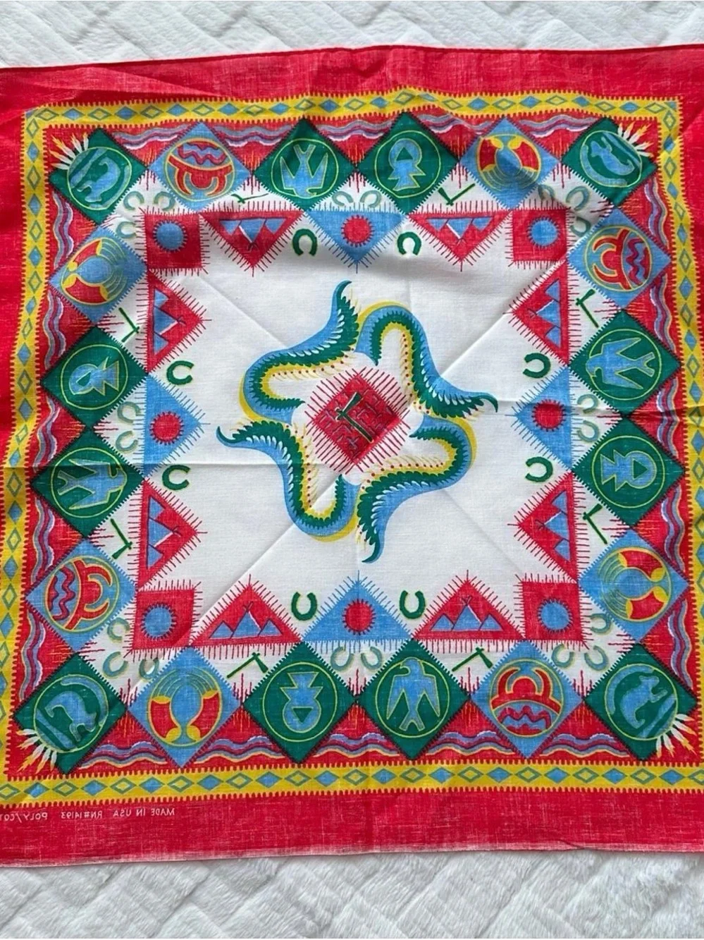Vintage 1990s Vibrant western Geometric Silk Scarf in Red, Green, Blue, Yellow